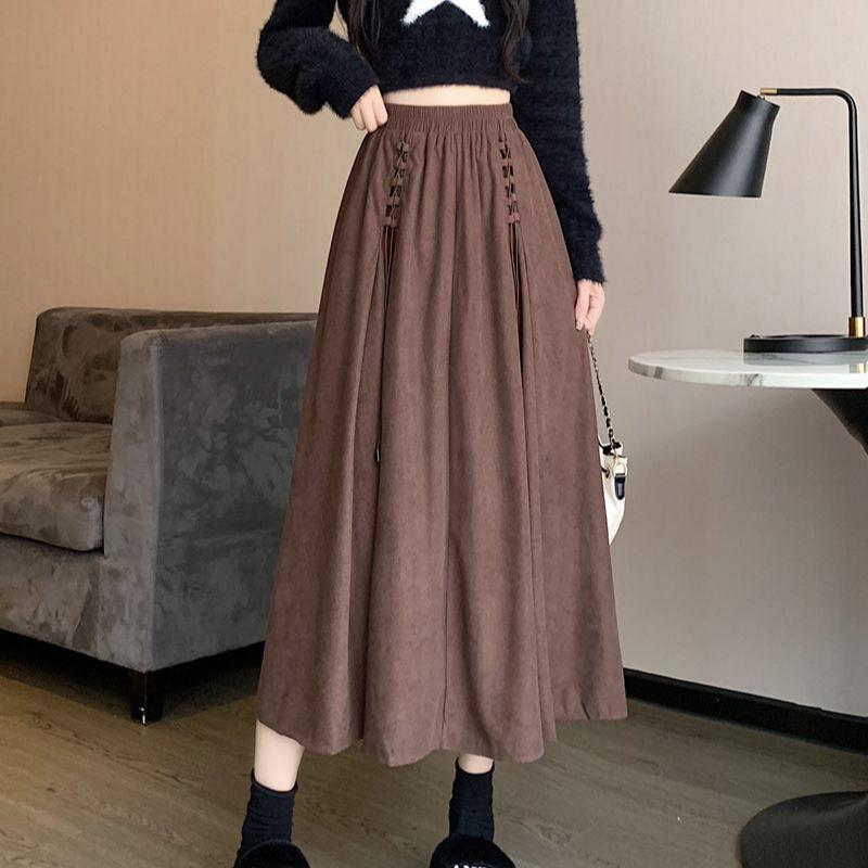 

Дизайнерская нишевая миди-юбка из вельвета для женщин - Весенне-осенняя юбка А-силуэта с высокой талией, драпировкой, коричневого цвета, расклешенная 2XL кофейный