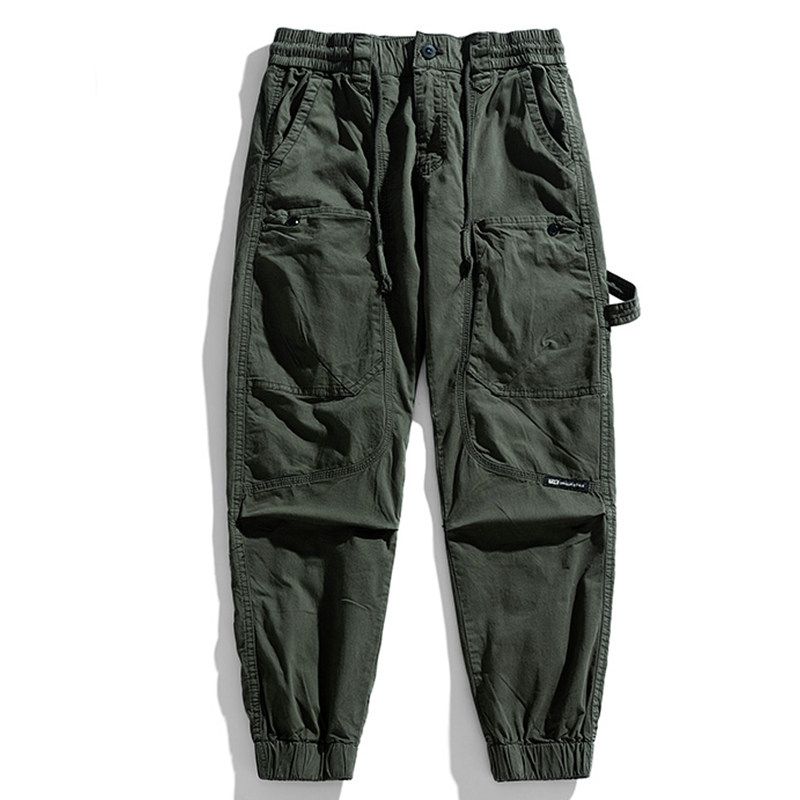 American vintage Washed Cotton Overalls Spring New Men s Outdoor Multi-pockets Ankle-tied Loose Casual Trousers Army green 29