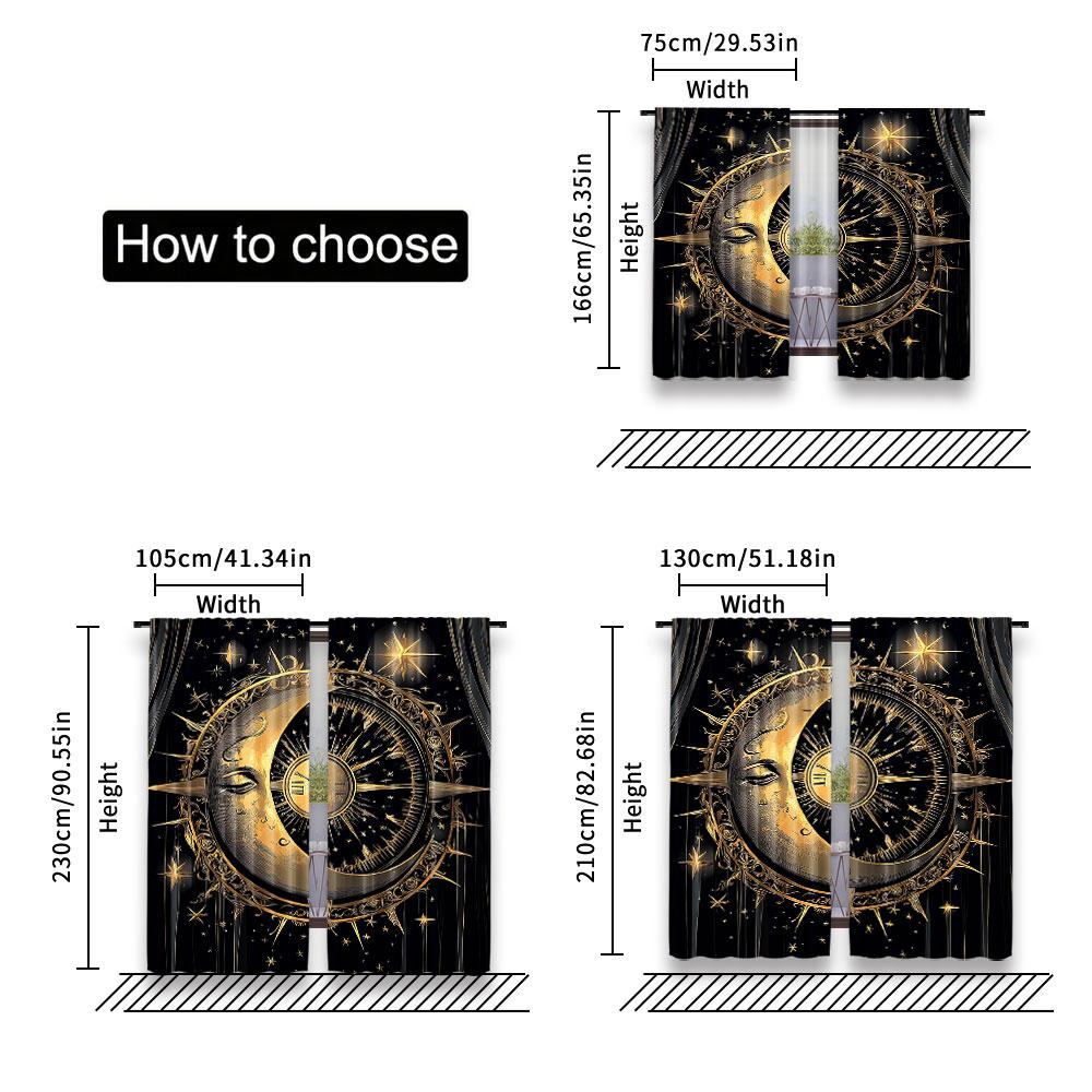 Set Of 2 Bohemian Sun Moon Windows Curtains Retro Antique Hippie Gold Crescent Star Living Room Bedroom Curtain Polyester Perfect For Sitting