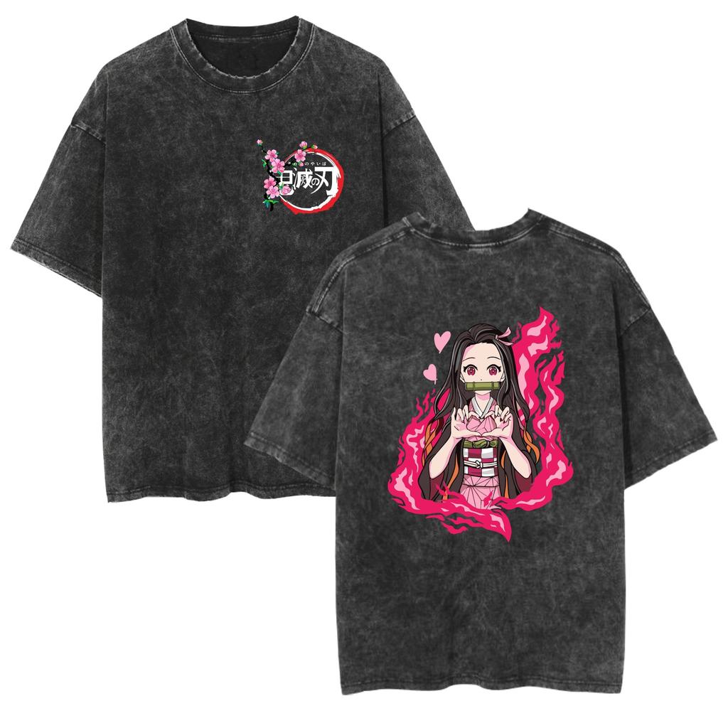 Manga Demon Slayer Graphic T-shirt Tanjirou Harajuku Vintage Washed Oversized T Shirt Men Women Clothing Short Sleeve
