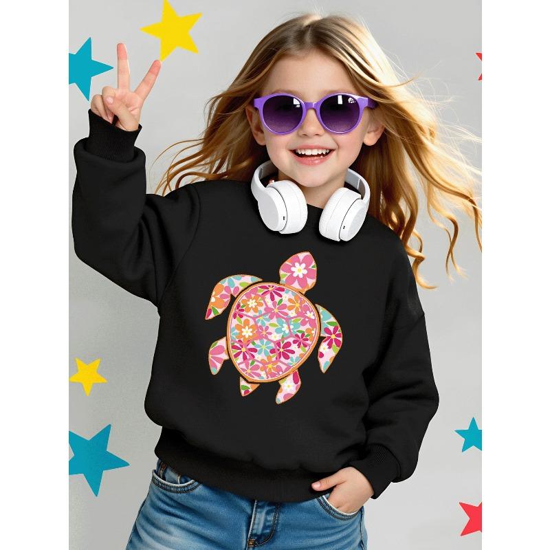 Kids Sweatshirt, Crew Neck Fashion Top, Fun "Floral Turtle Pattern" Patterned Sweatshirt, Suitable for Everyday Casual Wear