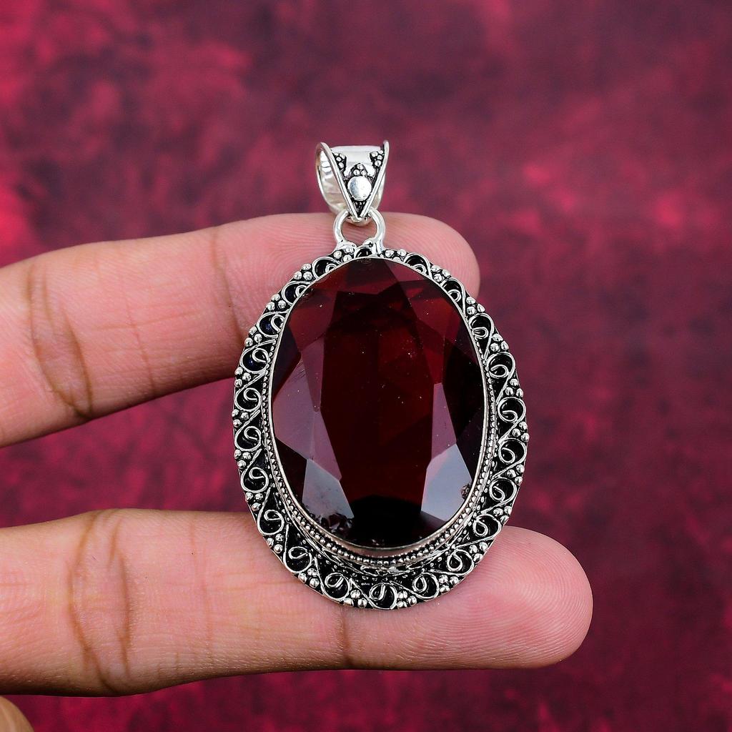 Röd granathänge, 925 ädelstenssmycken i massivt sterlingsilver, handgjorda hänge, till Thanksgiving