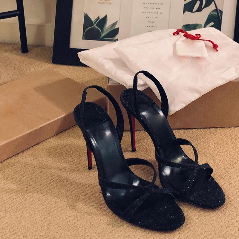 Black sequined red soles high heels female sexy dating open-toed stiletto one-word stiletto sandals summer