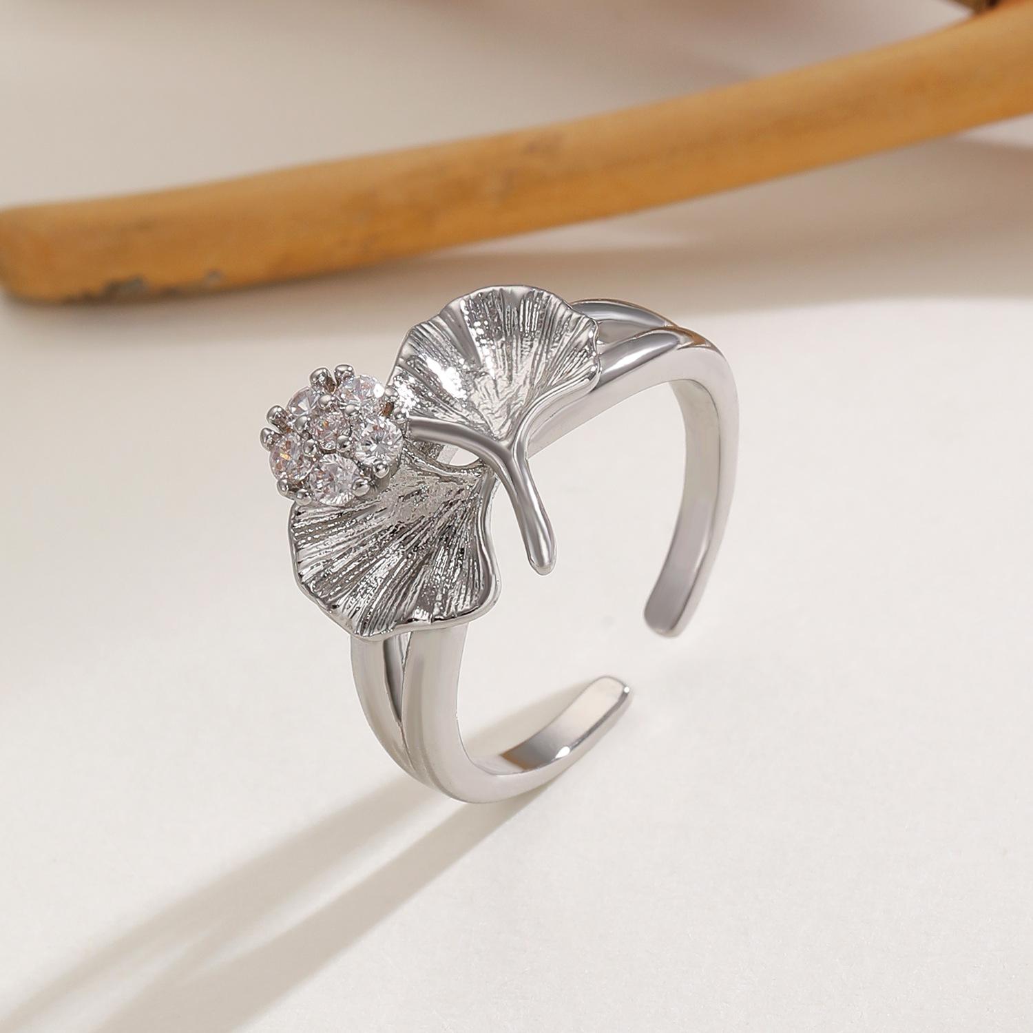 

LATS French-style Fashion Light Luxury Zircon Ginkgo Leaf Open Ring for Women Girl Personalized Design Rings Fashion Zircon 1.7CM