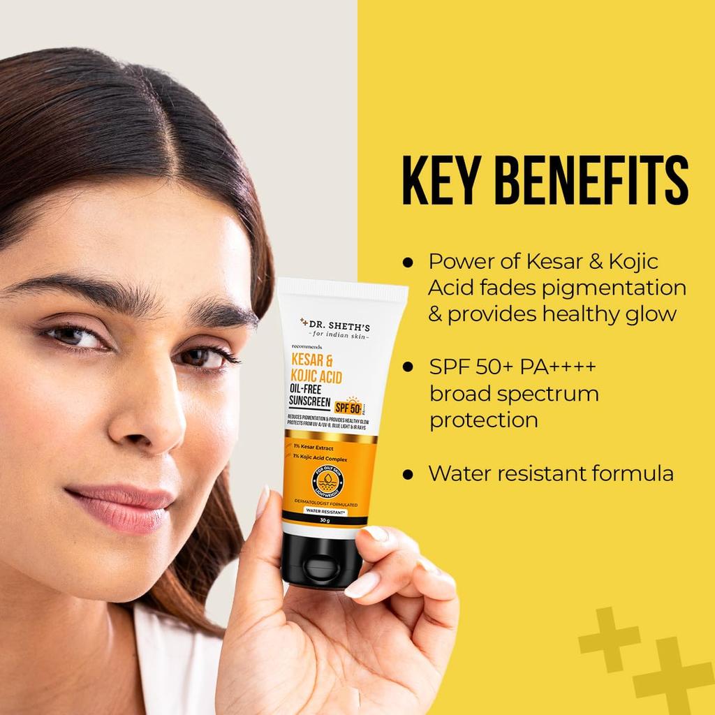 DR. Sheth's Kesar & Kojic Acid Ölfreier Sonnenschutz LSF 50+ PA++++ 30 g Packung für den Schutz öliger Haut
