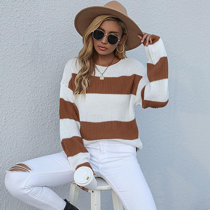 Vintage Fashion Elegant Casual Autumn Clothing Pullover Loose Round Neck Colorblocking Sweater