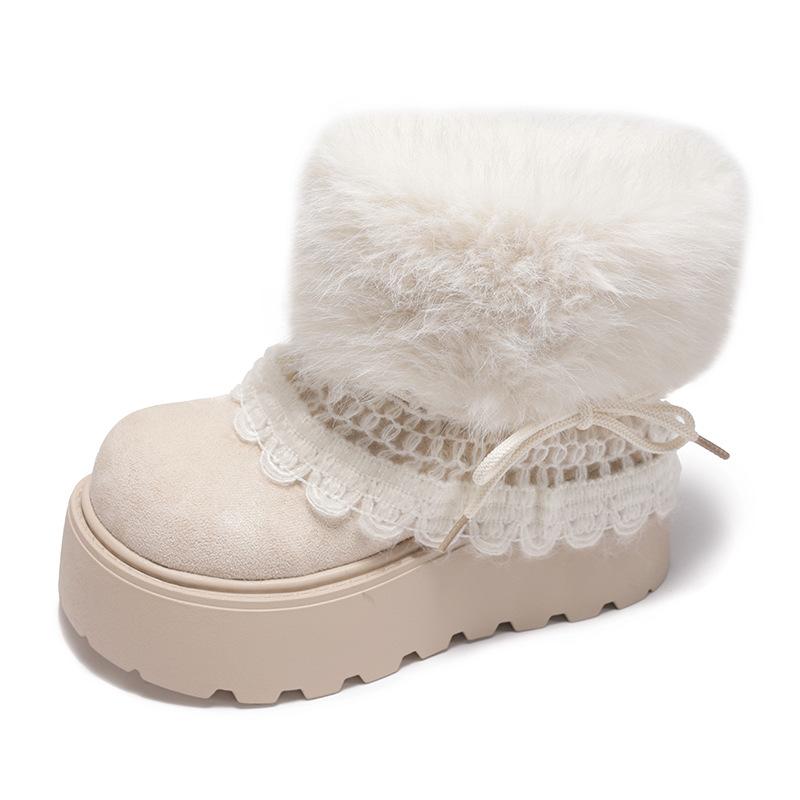 Women's Thick Sole Fuzzy Snow Boots, Lace Decor Autumn Winter Warm Cross-Border Sweet Short Boots