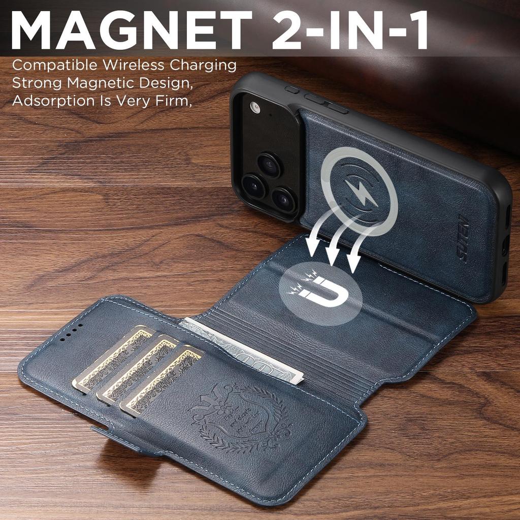 Funda abatible de cuero para iPhone 17 Pro Max con ranura para tarjeta, cierre magnético, carga inalámbrica y soporte.