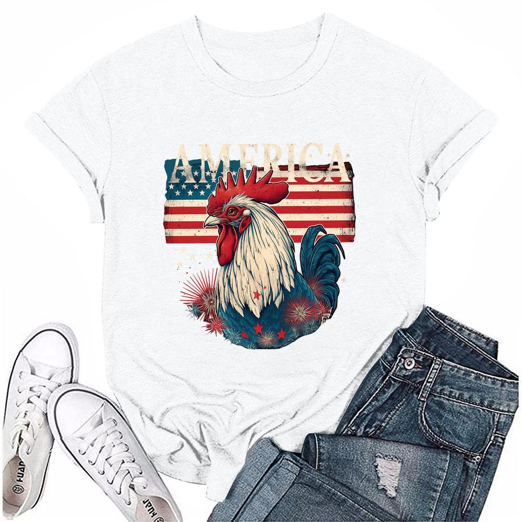 Women's Round Neck Casual Independence Day Printed Short Sleeve T-Shirt Top