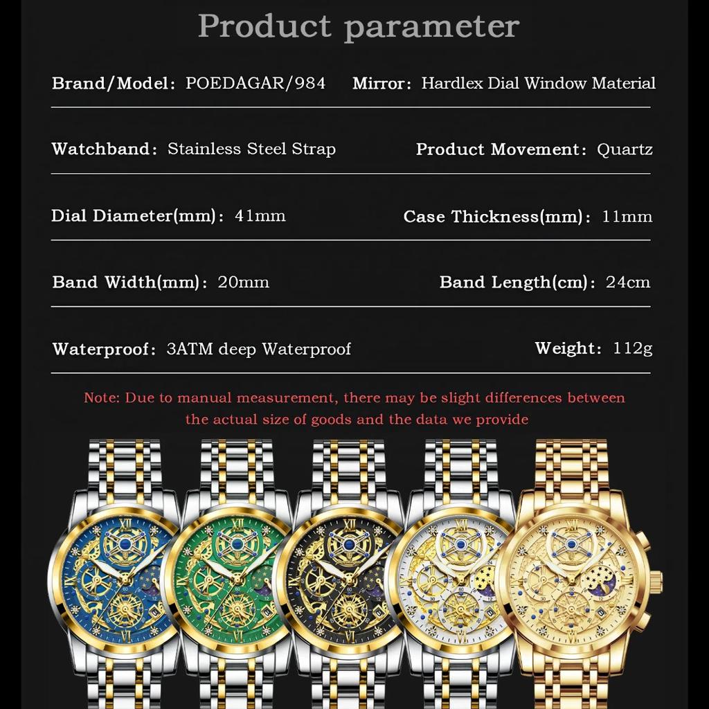 Orologio da polso da uomo di lusso con quadrante intagliata a tre indicatori, impermeabile, luminoso, con calendario, in acciaio inossidabile, fase lunare, al quarzo, adatto per l'uso quotidiano e per il lavoro