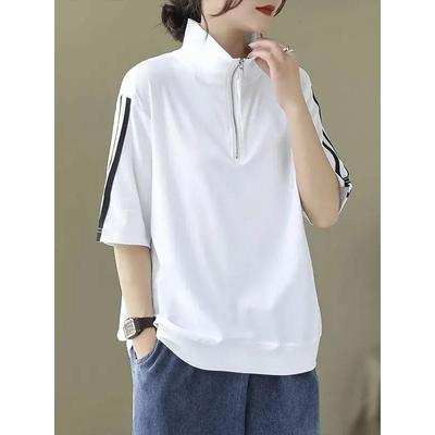 Women's Pure Cotton Short-sleeved T-shirt Zipper Stand Collar Two Stripes Loose Version Belly Cover Top Trendy Plus Size Women's Clothing