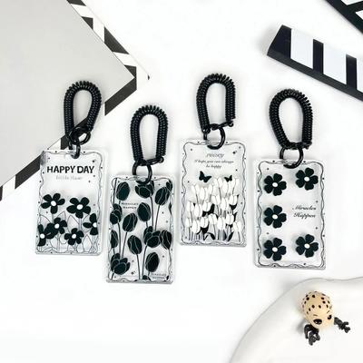 Lanyard Black Flower Transparent Card Holder Student Card Sleeve Access Control Bus Cards Case Spring Rope Card Covers Id Holder