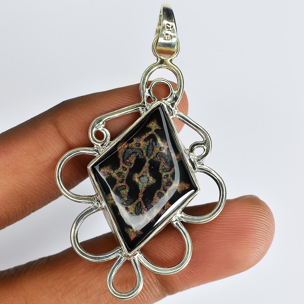 

NATURAL Black Tourmaline 31 Ct CERTIFEID 925 Sterling Silver Fancy Gems Pendant AI-196-NS 52 mm approx чорний