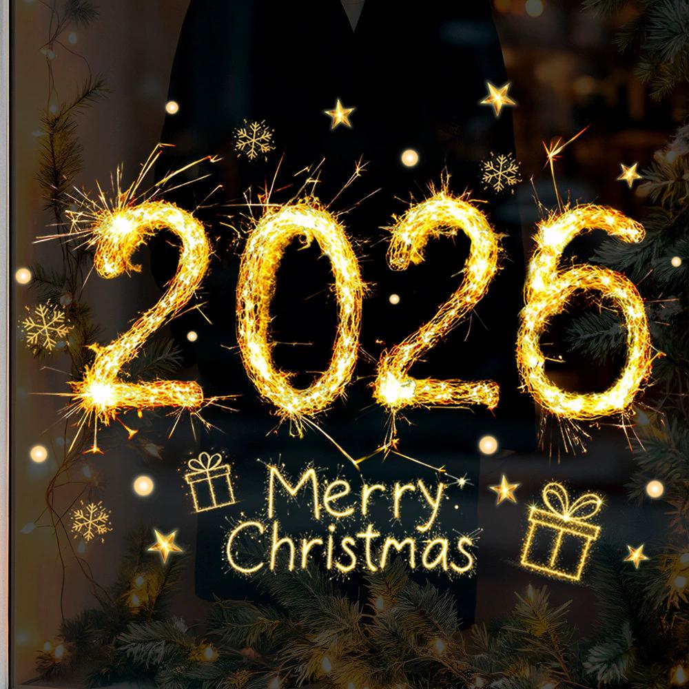 2026 Christmas Ice Snow Pine Needles Gold Glass Sticker Shop Festival Decoration Electrostatic Window Double Sided