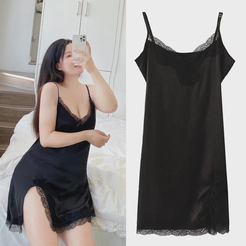 Plus Size Sexy Ice Silk Lace Slit Nightdress Pajamas