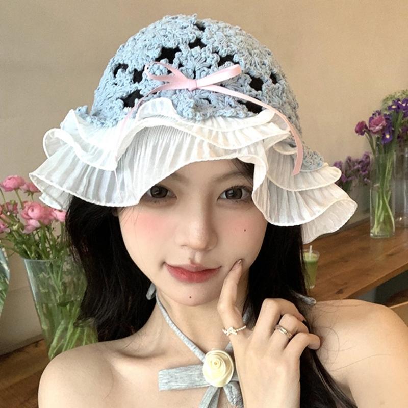 Summer Spring Crochet Bucket Hat Woman Commutes Camping Taking Photo Fisherman Hat with Pleated Trim for Girlfriend