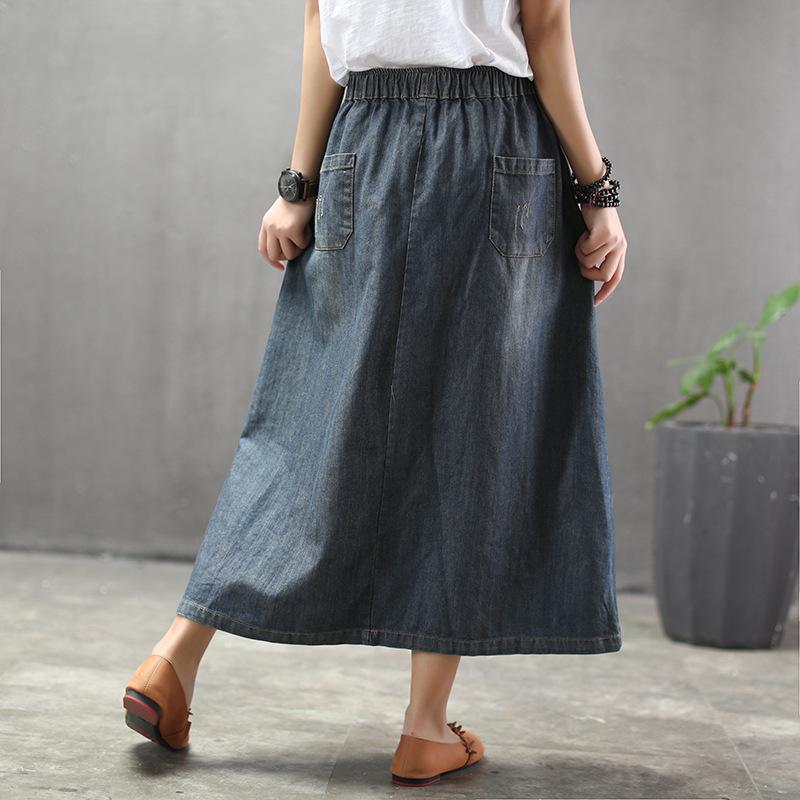 A Line sukně Vysoký pas Japonská dívka Mori Jaro Podzim Ženy Denim Nášivky Vintage sukně Elegantní roztrhané léto