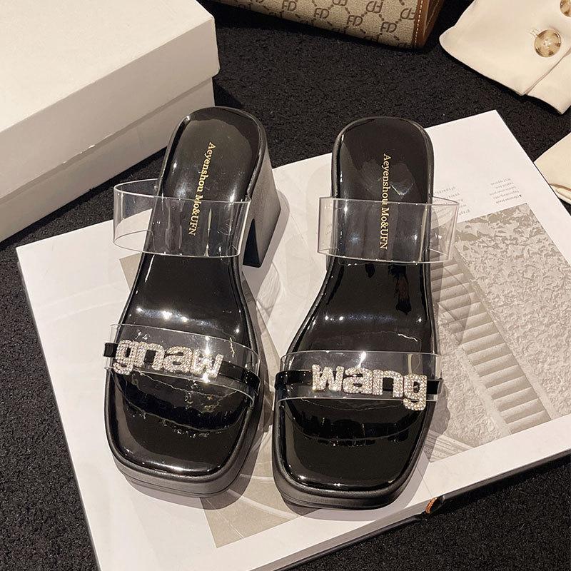 

Internet celebrities increase height summer wear 2025 fairy font with rhinestone thick heel non-slip temperament high heel slippers 35