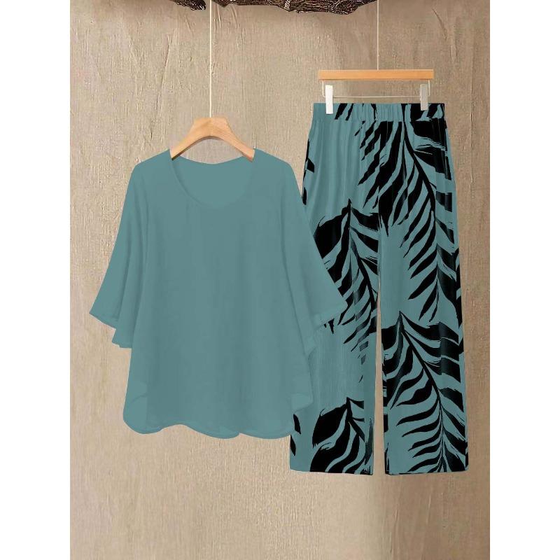 Damen Sommer Chiffon Kurzarm Zweiteiler Set in Übergröße – Elegantes Lockeres Oberteil und Hosen Outfit