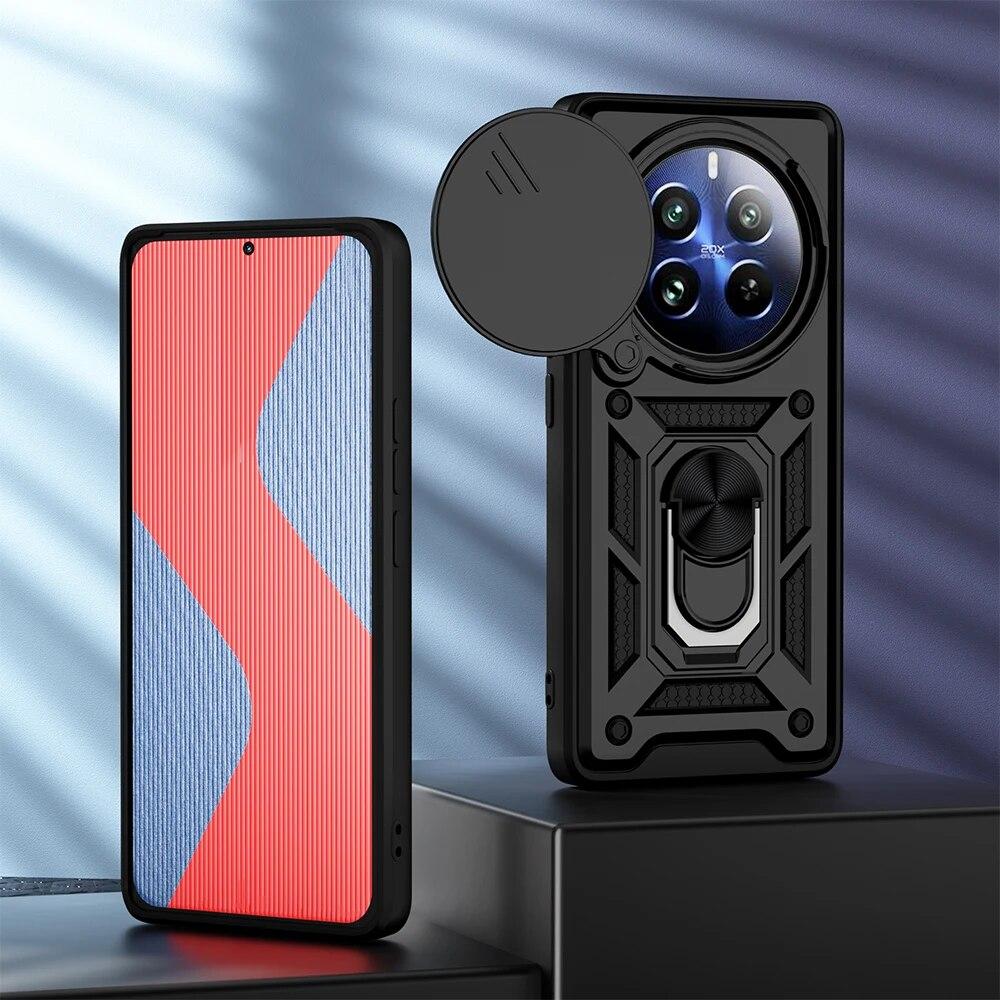 KEYSION Shockproof Armor Case for Realme 12 Pro+ 12 5G Slide Camera Protection Ring Stand Phone Back Cover for OPPO Realme 12 5G