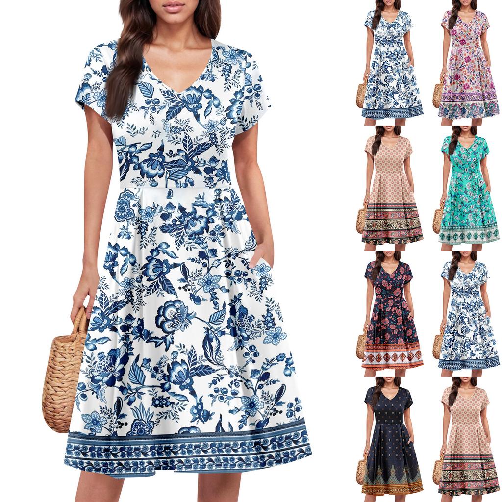 Damek sommerkjole Kortermet V-hals Korte kjoler Mote Casual Flytende A-linje Sving Solkjole med lomme