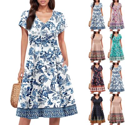 Womens Summer Dress Short Sleeve V Neck Short Dresses Fashion Casual Flowy A Line Swing Sundress With Pocket