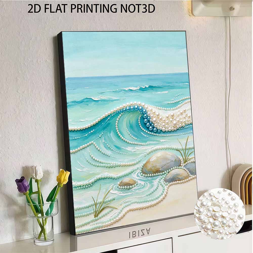Frameless Pearl Painting DIY Kit Ocean Wave and Sea Stones 3D Sparkling Bead Canvas Relaxing Creative Craft for Art Lovers