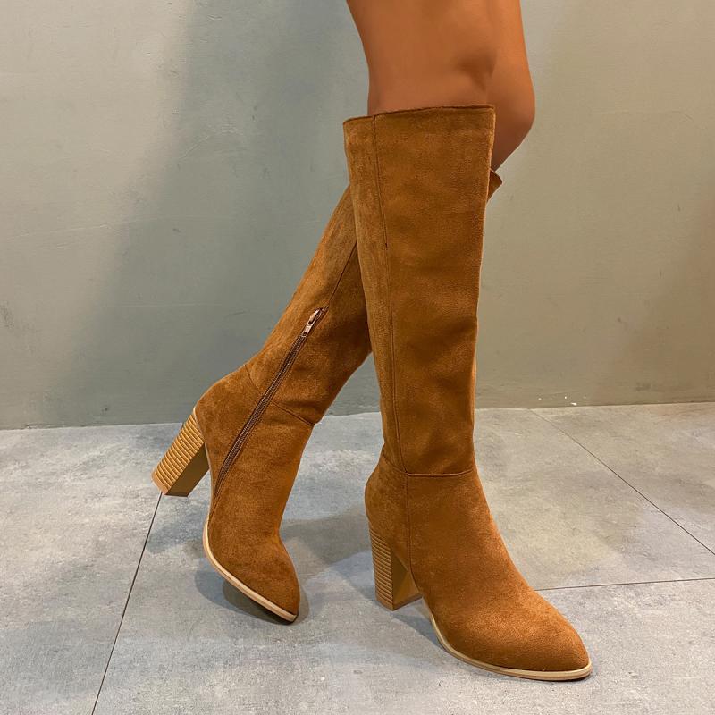 Fashion Retro Knee High Suede Riding Boots Women 2025 Winter Side Zipper Super High Heels Western Cowboy Boots Warm Plush Leather Shoes