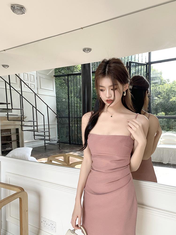 Spring/Summer 2026 Elegant Pink Pleated Waist Bodycon Camisole Dress for Women
