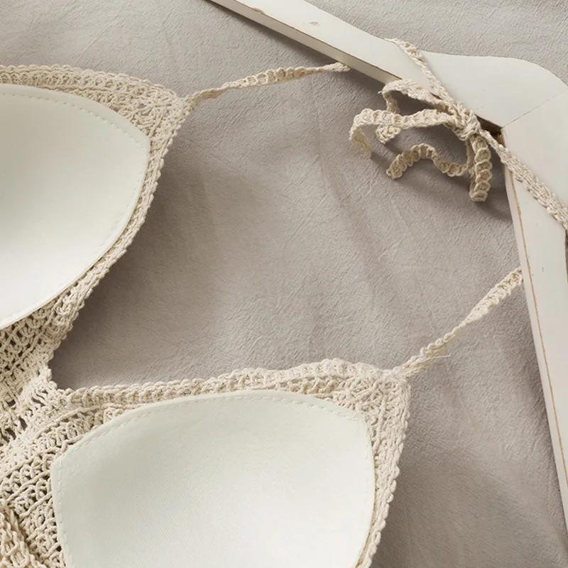 Sexy Boho Plážová Dovolená Tílko s Zavazováním za Krk Dámské Háčkované Plavky Podprsenka Bez Zad Vesta s Výřezy Třásněmi Tílko Dámské Crop Topy