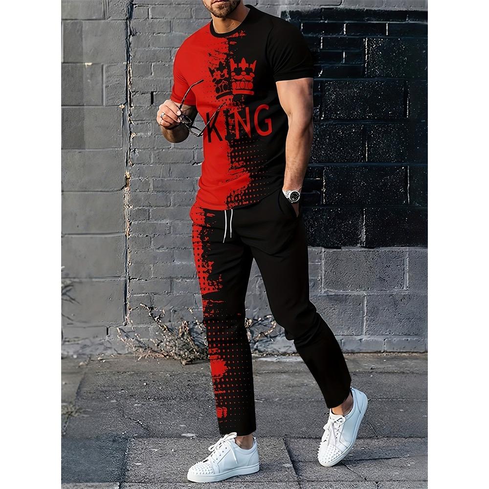 New Summer Men's Sports Suit Men's Round Neck Splicing Printed Short-sleeved T-shirt Loose Pants Two-piece Set Streetwear