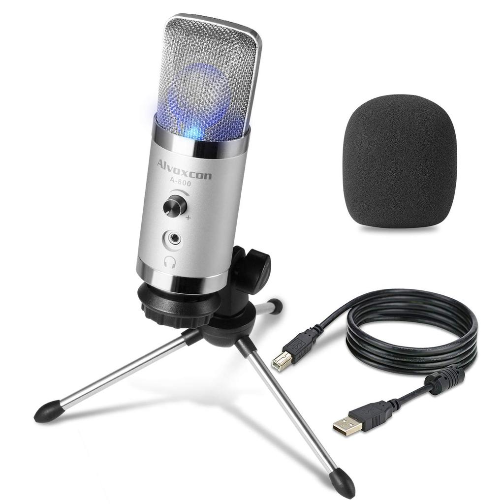 Alvoxcon A800 USB Condenser Microphone for PC and Live Commentary, Unidirectional, with Earphone Jack, Adjustable Volume, Skype, Streaming,