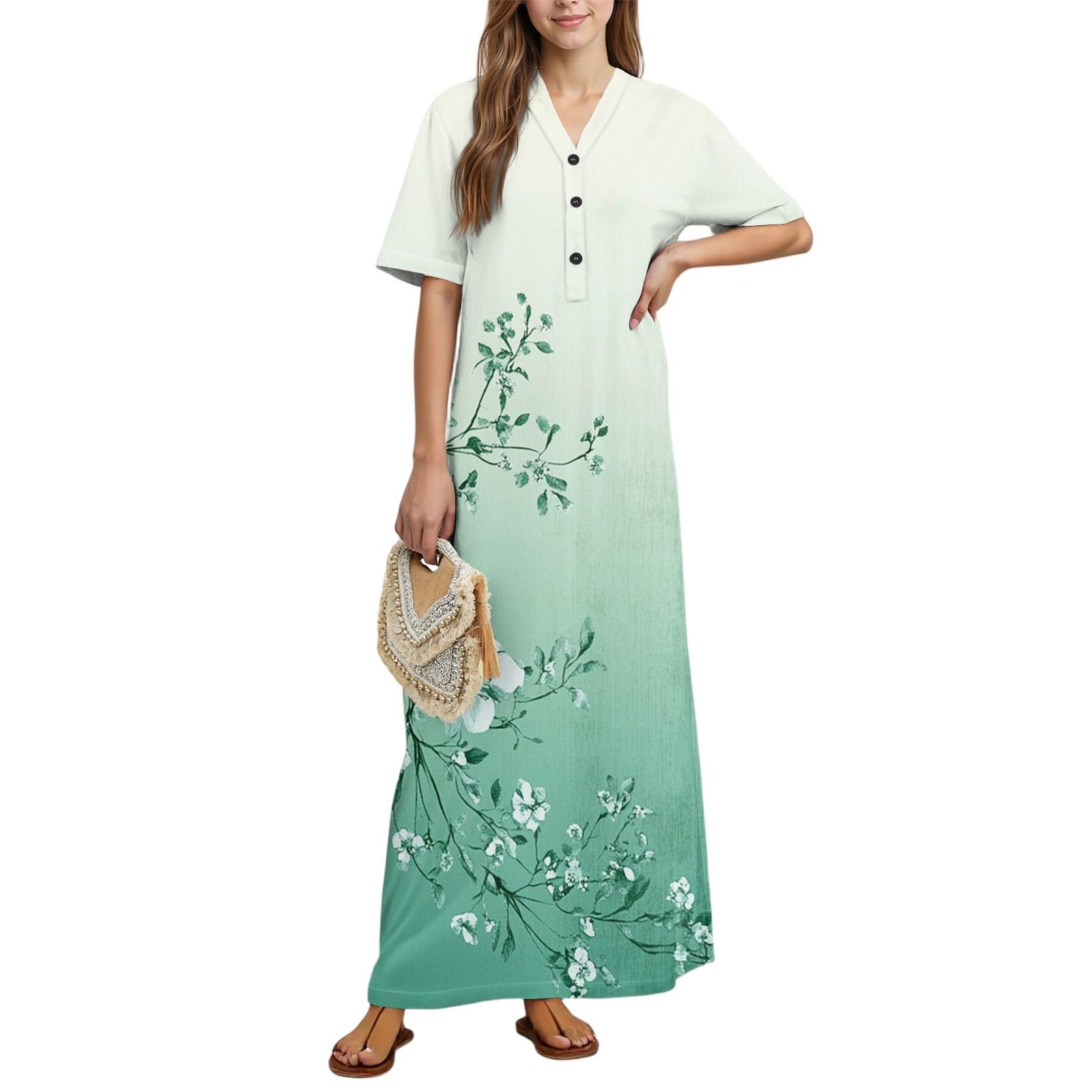 

Женская мода Принтованная ночная сорочка Домашняя одежда Ночная сорочка с коротким рукавом с карманами Длинное платье S