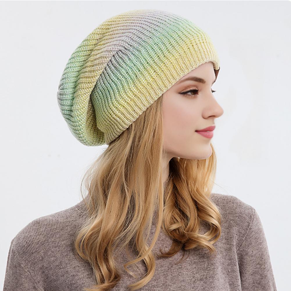 Women Winter Knitted Hat Thickened Tie Dye Gradient Rainbow Color Warm Anti Slip Windproof High Elasticity Ear Outdoo