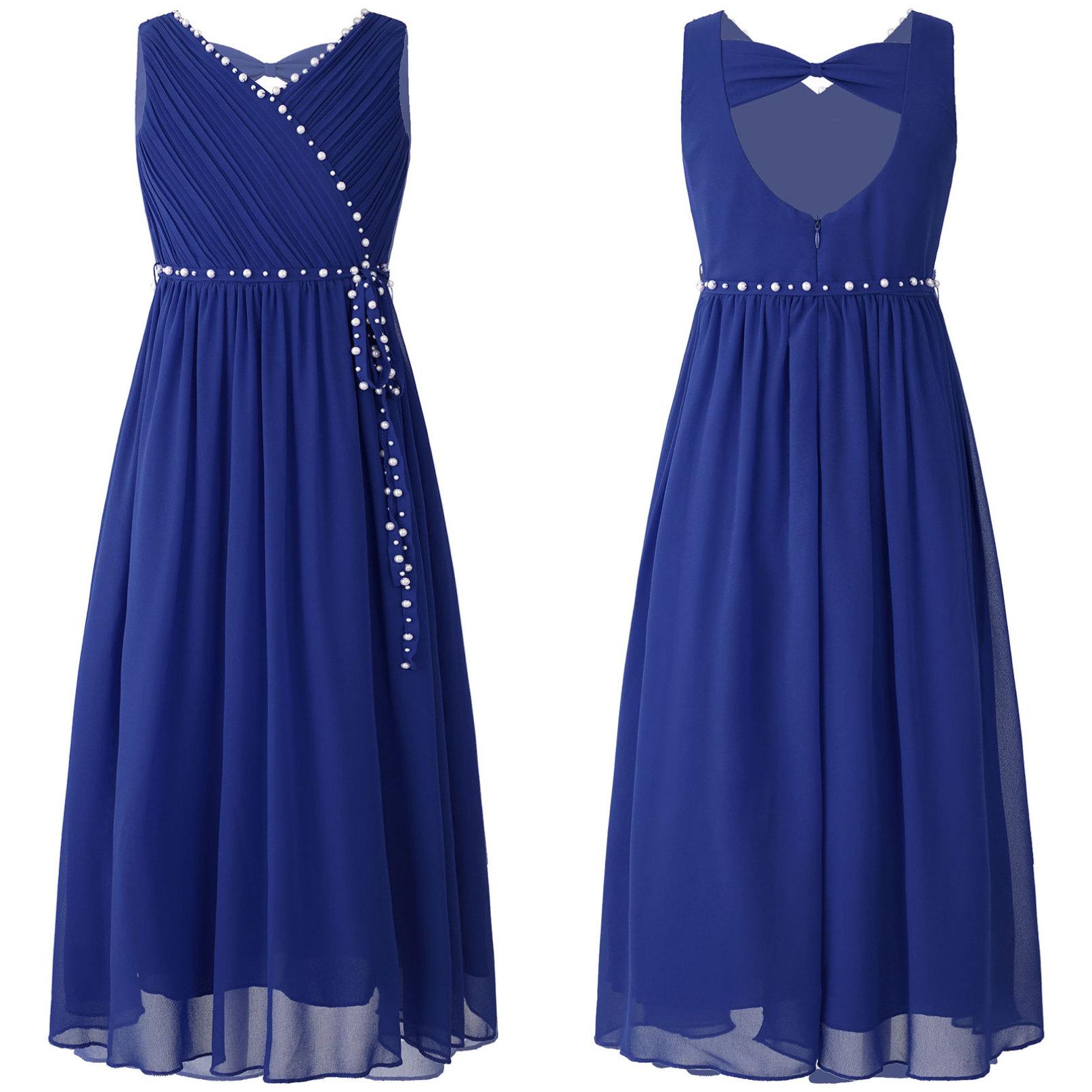 

Елегантна вечірня літня сукня з бісером із шифону для дівчаток із рюшами Сукня без рукавів із V-подібним вирізом для весілля подружок нареченої 7-8 Years синій