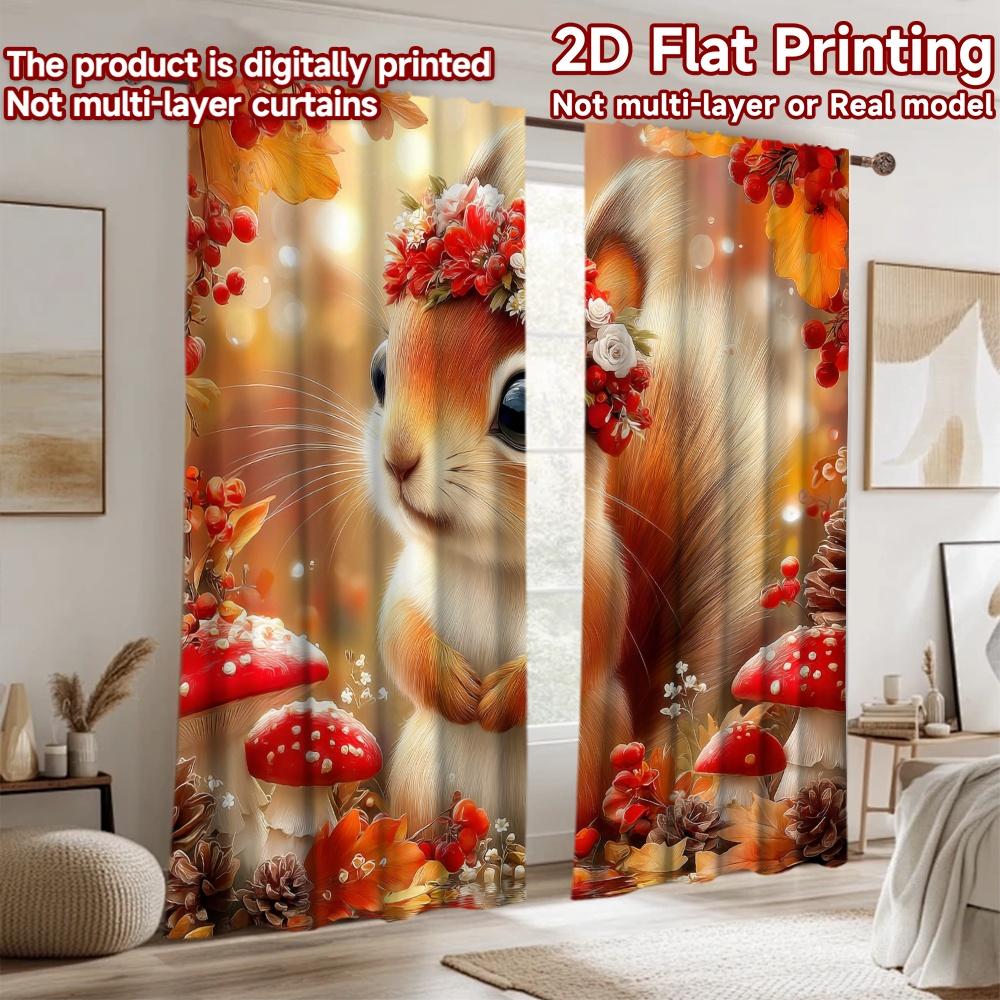 2D Flat Printing 2pcs Curtains Cute Squirrel Autumn Berries Digital Printed Polyester Drapes Festive Holiday for Home Wall Yard