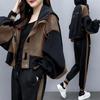 Women's Spring and Autumn Color Blocking Casual Suit Hooded Jacket + Pants Sports Aging Two Piece Set