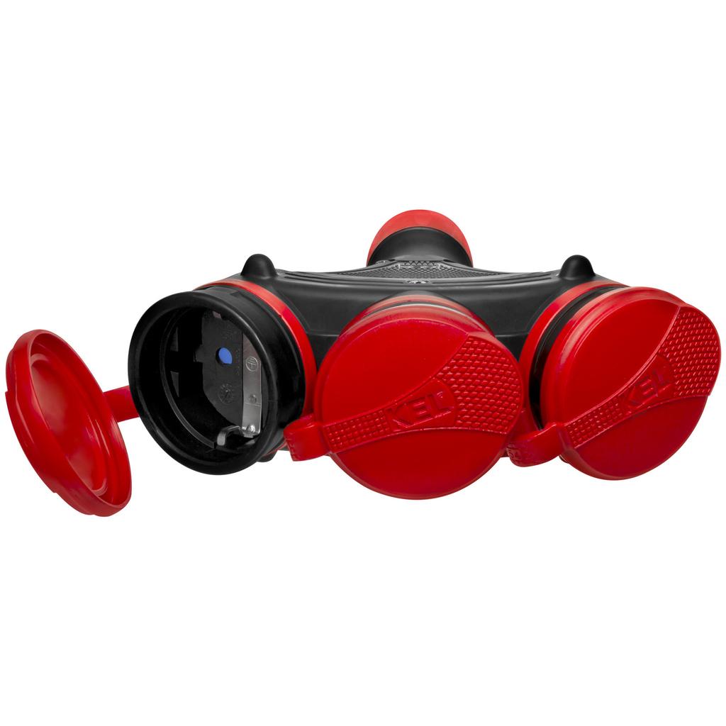 Three-way Schuko Socket Ip44 3X2P+Z 16A 250V Black-Red Splitter
