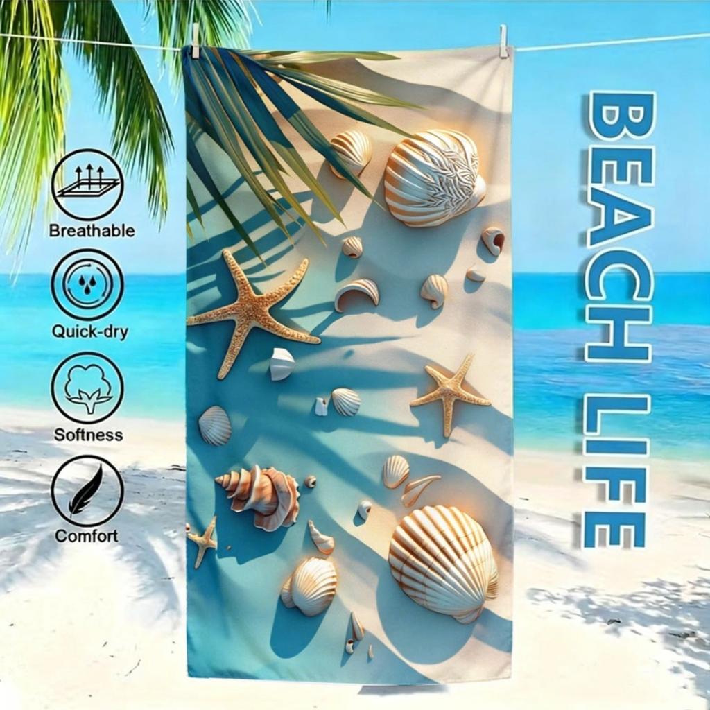 "Seashell & Starfish" Oversized Beach Towel – Plush & Lightweight, Coastal Design, Perfect for Beach & Sports Use