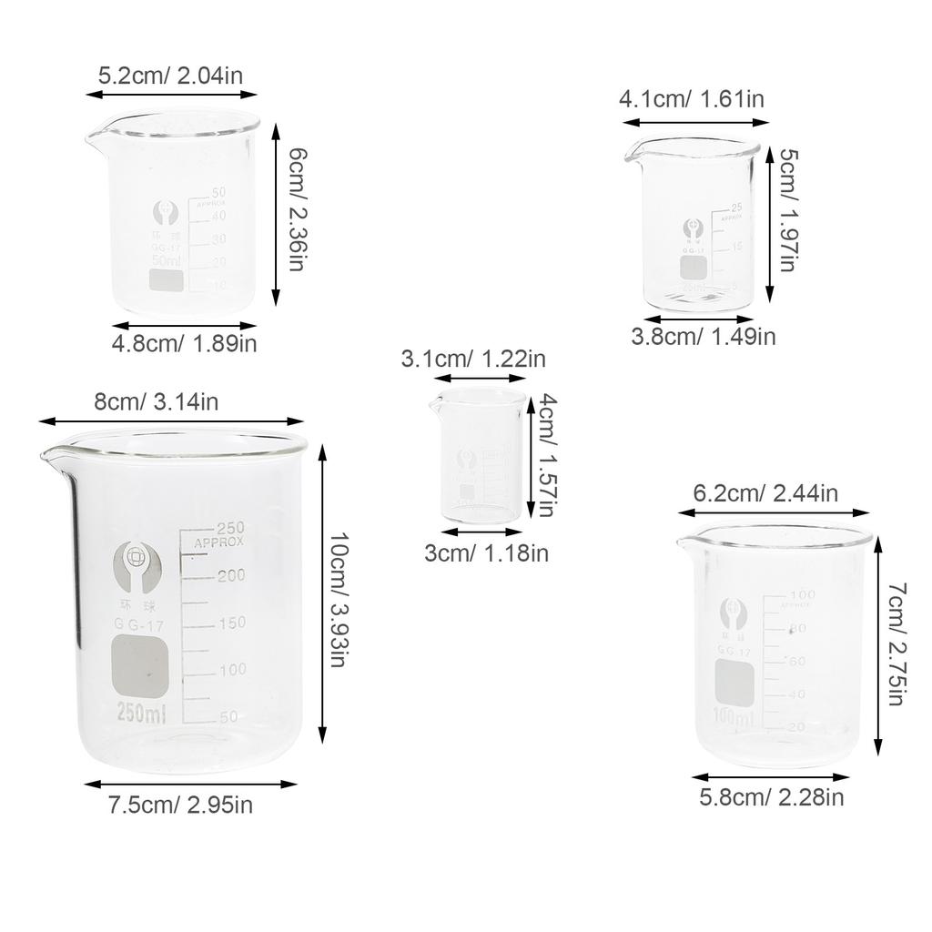 5Pcs Glass Beakers Set 10Ml 25Ml 50Ml 100Ml 250Ml Clear Graduated Laboratory Glassware for Precise Liquid Measurement in Science