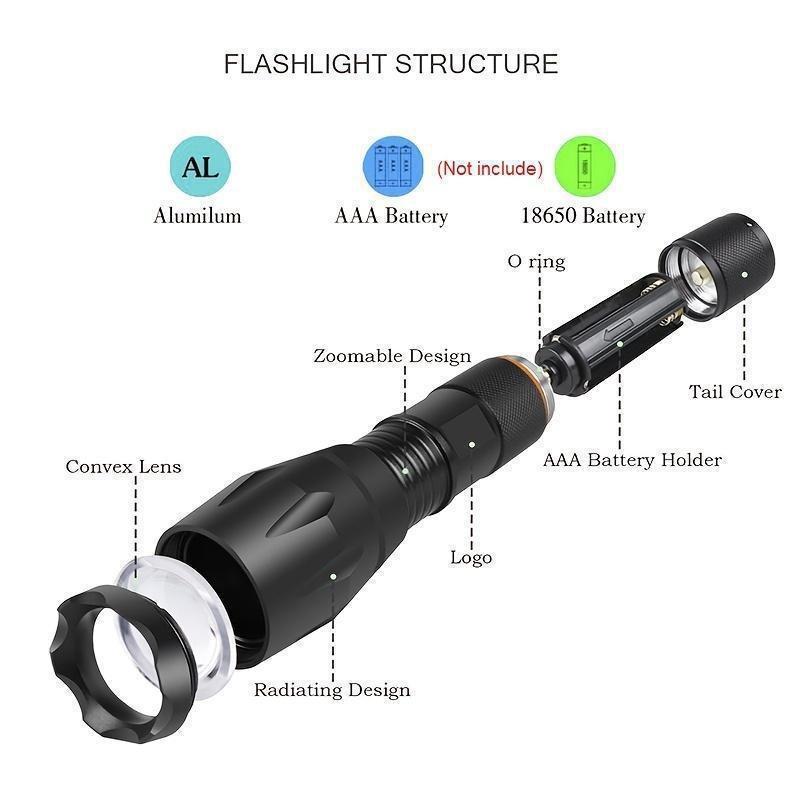 Tactical Military LED Flashlight Torch, Zoomable Flashlight With 5 Modes For Outdoor Camping Backpacking Hiking