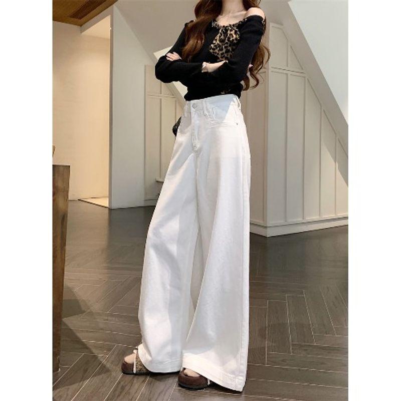 

Kumikumi New Arrival White High-Waist Straight-leg Denim Female Fall Loose Drooping Pants Loose Pants Mop Pants White XL