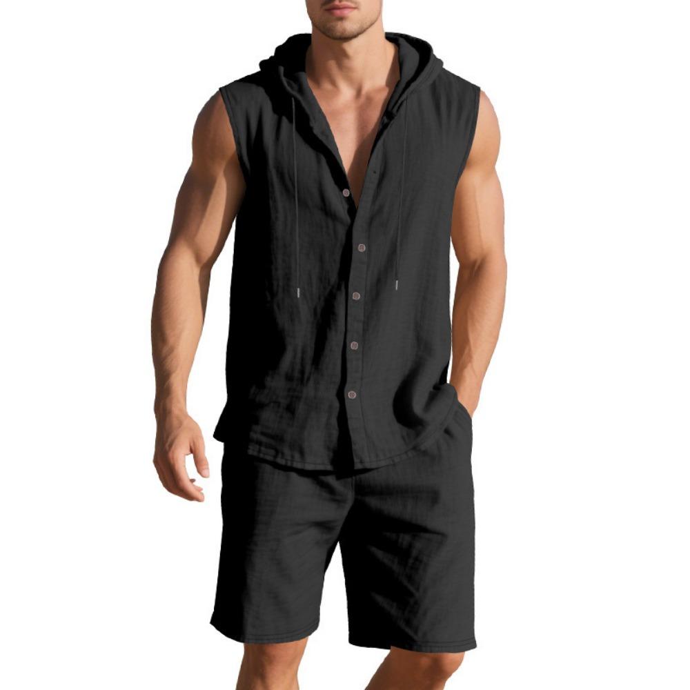 Mens Summer 2 Piece Outfit Shorts Set with Sleeveless Hooded Shirt Top Cotton Beach Casual Loose Fit Comfortable Athletic