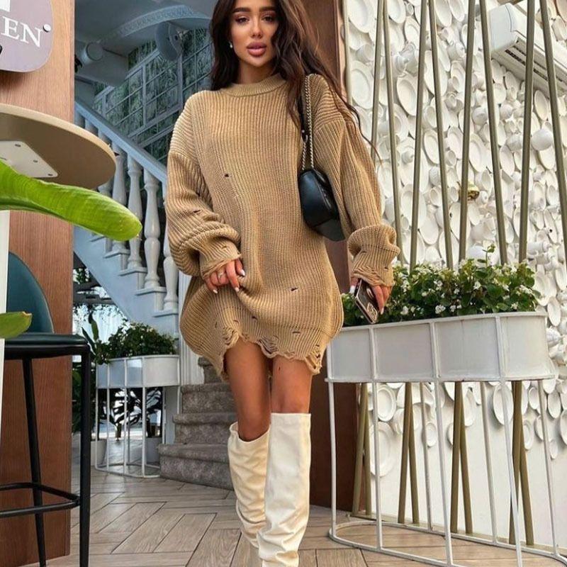 2021 Longsleeved Round Neck and Thick Needle Hem Irregular