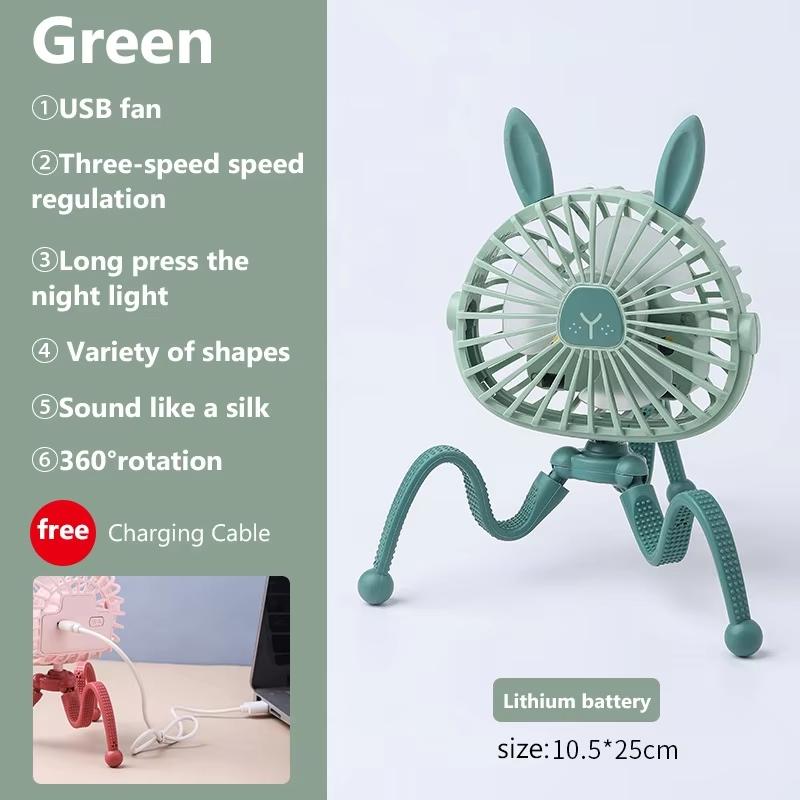 Baby Stroller Cooling Fan Portable Handheld Fan 360° Rotate Flexible Tripod Rechargeable for Bed Car Seat Travel Easter Bunny
