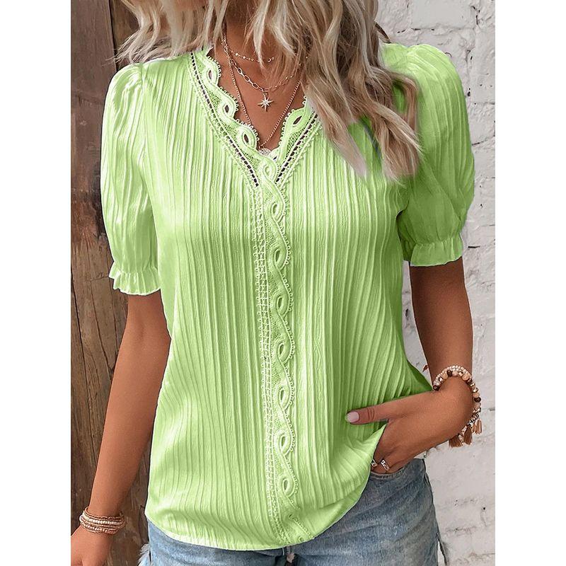 Hollow Short Sleeve Summer New Arrival European and American Women's Clothing All-Matching Shirt Holiday Fashion Cut Out Short Sleeve