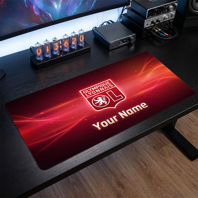 Lyon FC Custom Large Mouse Pad, Personalized Name Text Print, Football Logo Non‑Slip Desk Mat Gaming Gift
