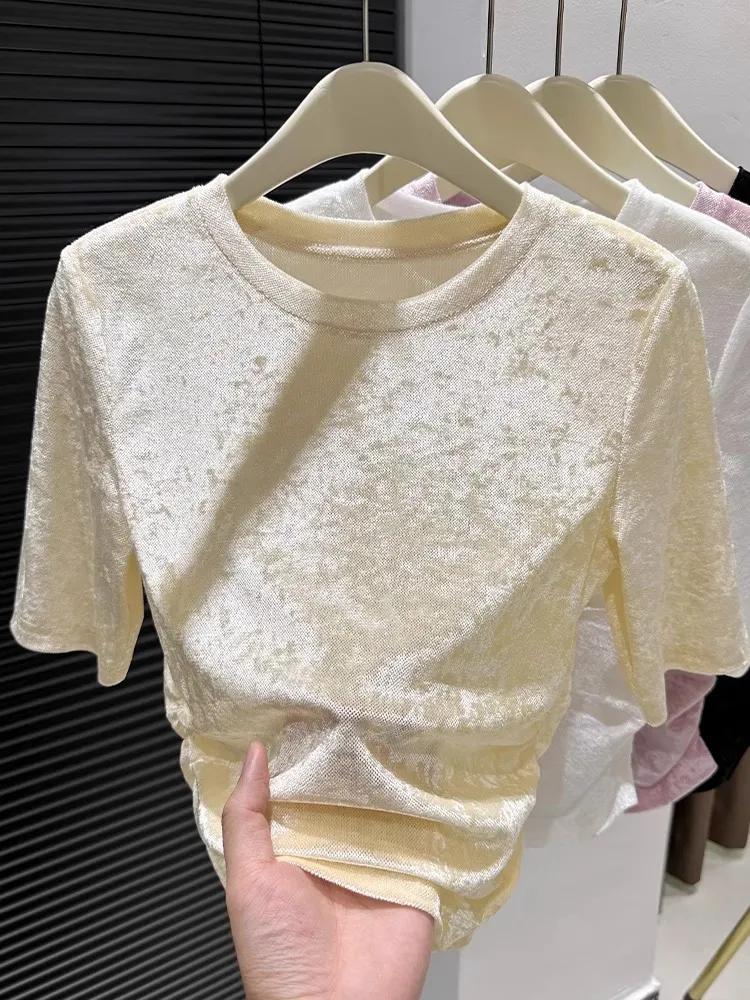 Women's Summer Ice Silk Mesh Short-Sleeve Slimming Top with Slightly Sheer Fit Round Neck Inner Layer Top