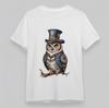 Men's Comfy T-Shirt Steampunk Owl Top Hat Art Tee White Cotton Short Oversize