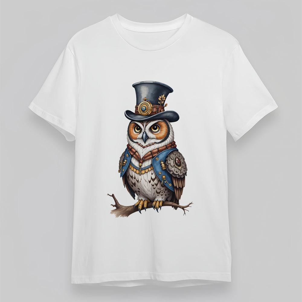 

Women s Fashion T-Shirt Steampunk Owl with Top Hat Art Tee White Cotton Oversize 4XL
